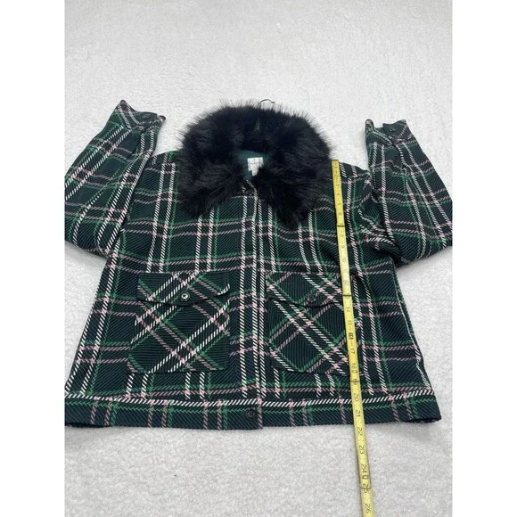 Anthropologie Maeve Collar Coat Women Green Plaid Crop Faux Fur Retro Large NWT